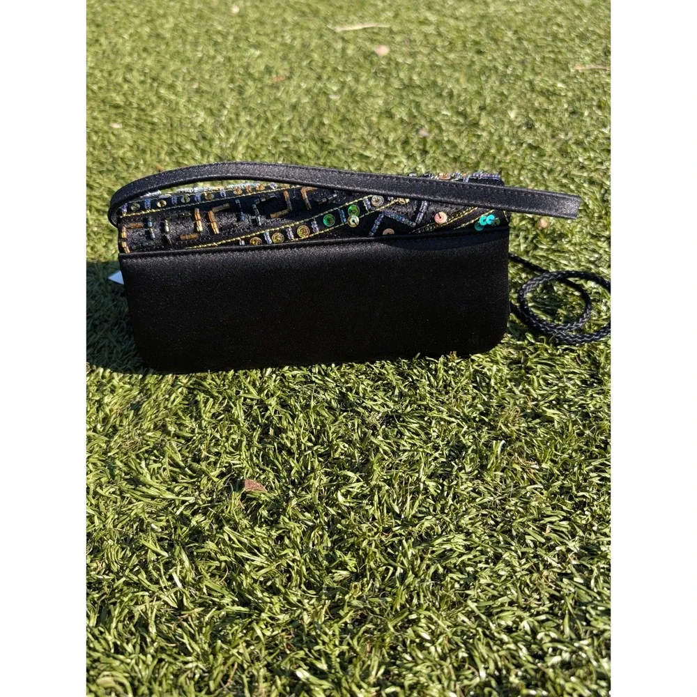 NWT‎ Savanna Black Satin Beaded Evening Clutch Bag Y2K Prom Dark Academia